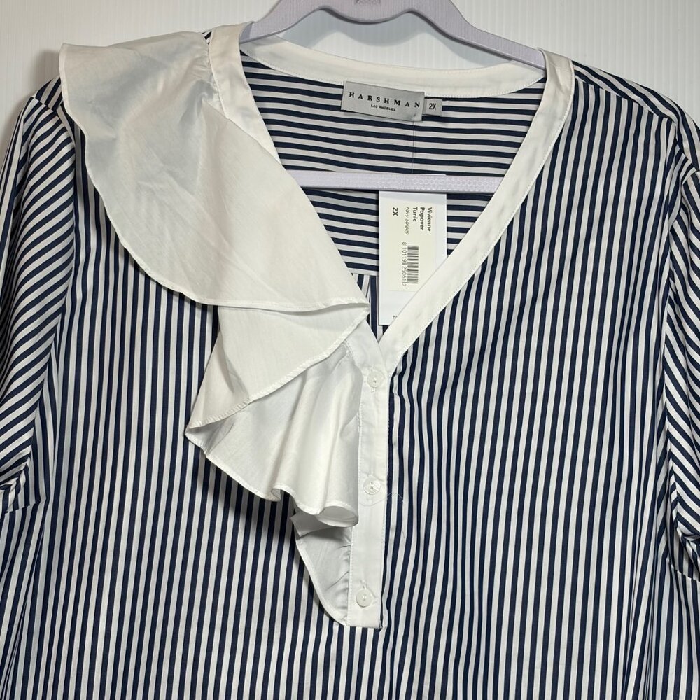 Harshman Vivienne Popover Tunic 2X Navy Stripe Cotton Ruffle Boho Coastal Preppy - Picture 4 of 11